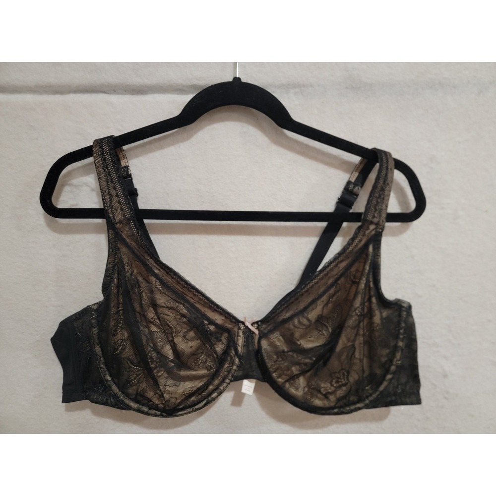 Cacique Lane Bryant Bra 46C Black Lace Tan Unlined Full Coverage Underwire